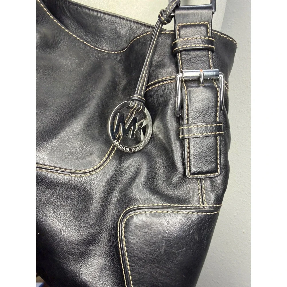 Michael Kors Hobo Bag Womens Large Black Leather Contrast Stitch Boho Classic